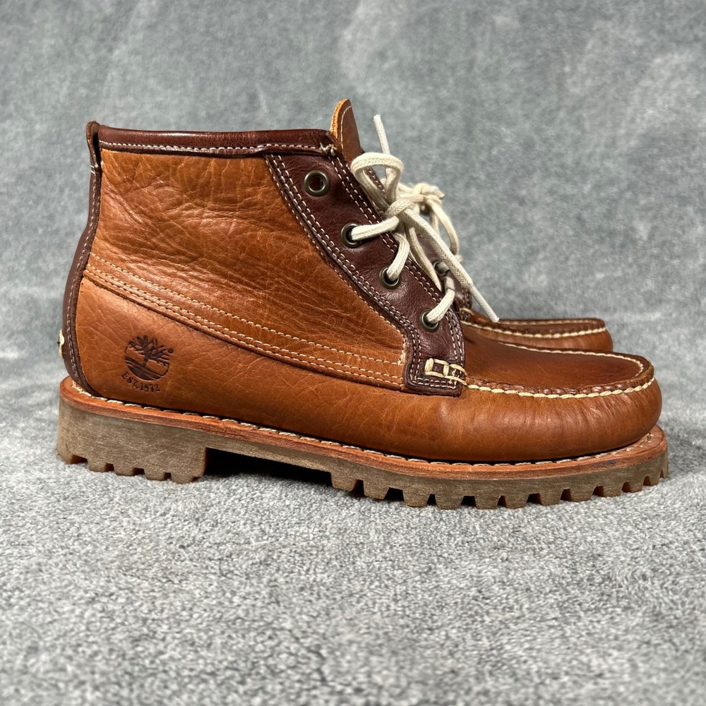 New VTG Timberland Boots Boat Chukka Brown Leather 4-Eye Moc Toe Lug Sole Mens 7